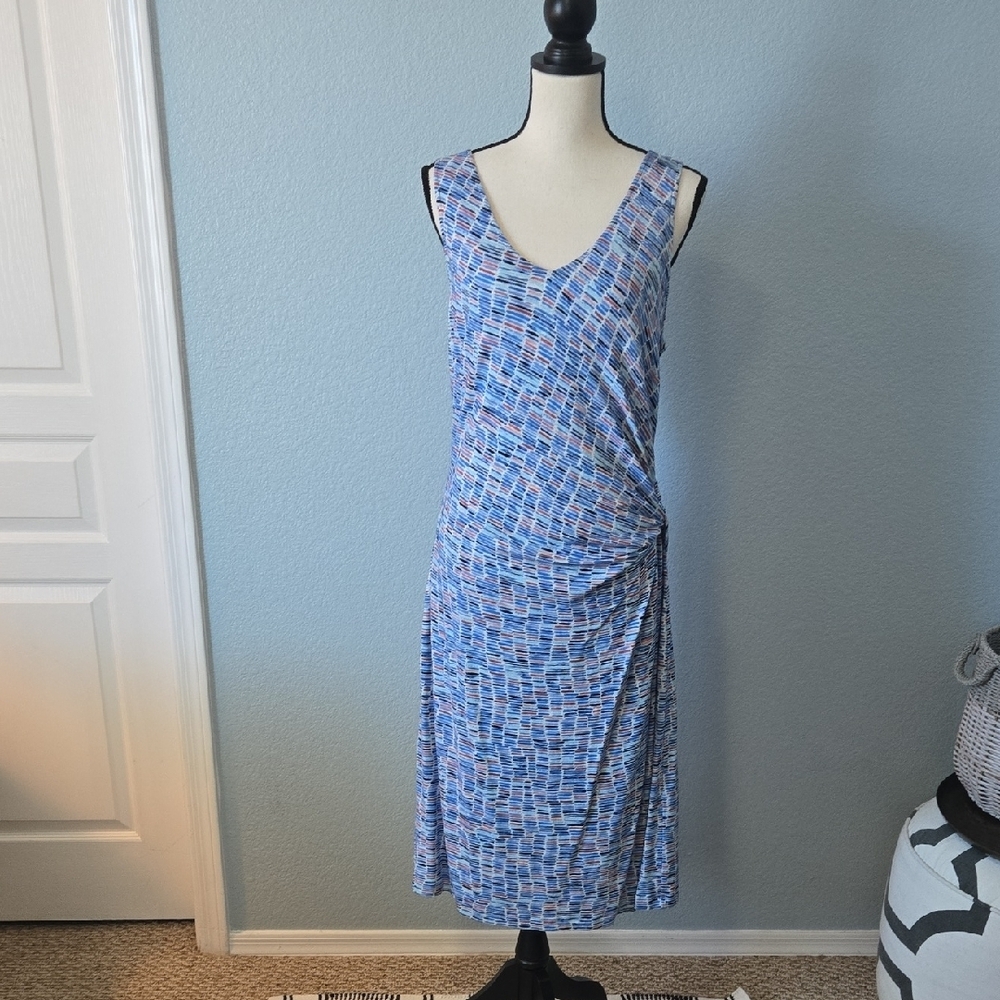 ZOZO Midi Sleeveless V-Neck W/Side Ruching Blue Geometric Tile Print Sz XL